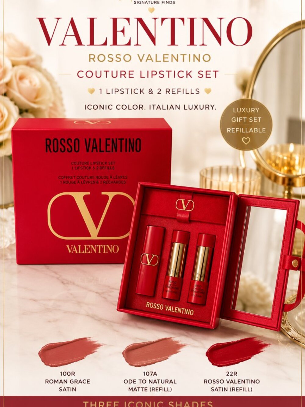 Valentino Rosso Valentino Couture Lipstick Set 1 Lipstick 2 Refills Luxury Gift